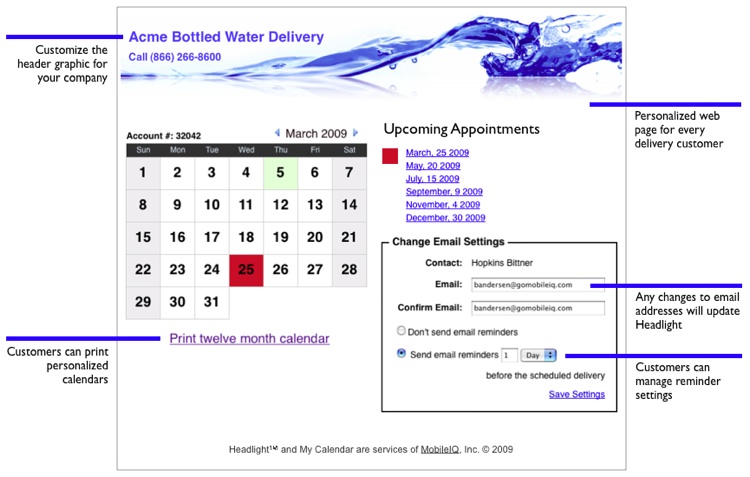 Web page calendar and delivery reminders